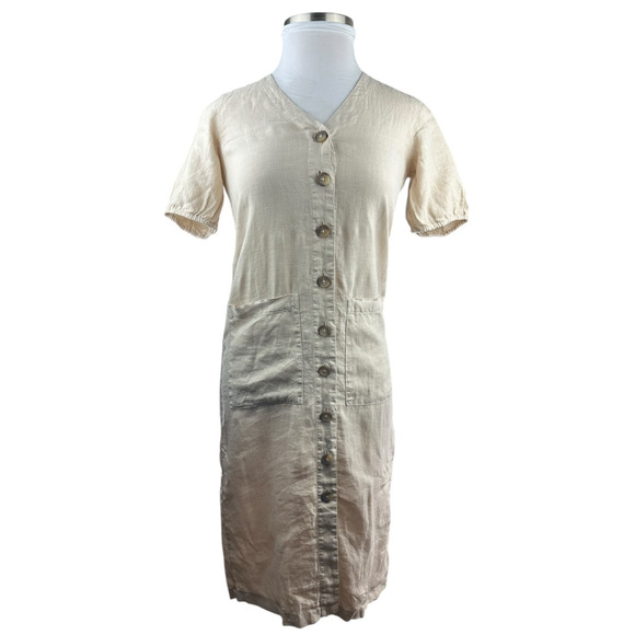 NWT Lou & Grey 100% Linen Dress Midi Maxi SS Tan Beige Button Front Size XXS - Picture 2 of 11